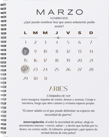 Página de marzo de la Agenda Cósmica 2027, con calendario y reflexión de Aries