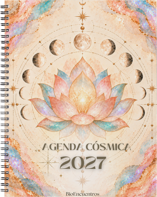 Tapa de la Agenda Cósmica 2027 con un loto y las fases de la Luna