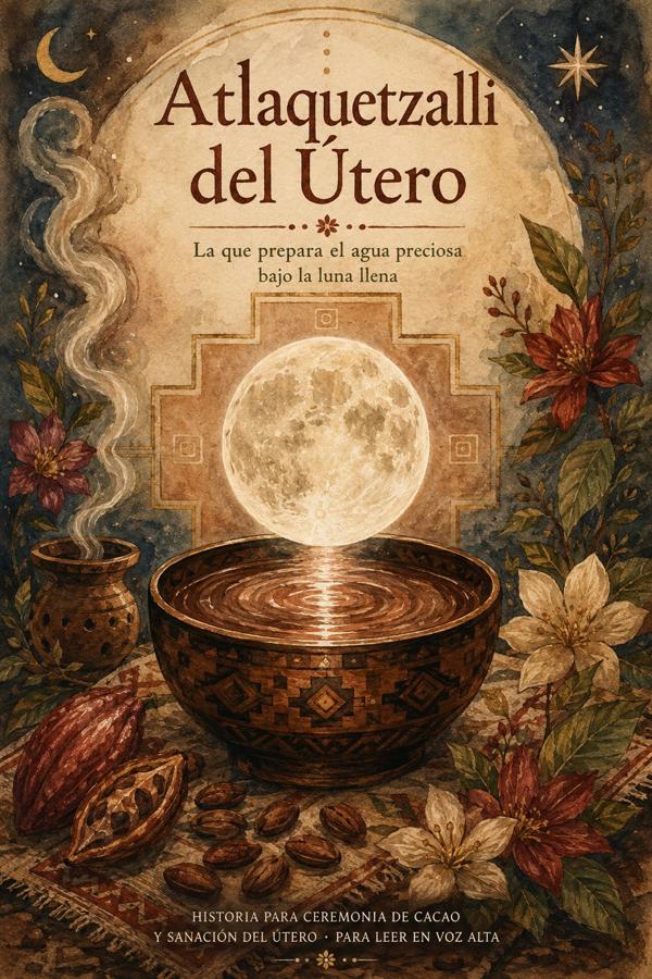 Flyer de Atlaquetzalli del Útero: ilustración de una taza de cacao humeante bajo la luna llena