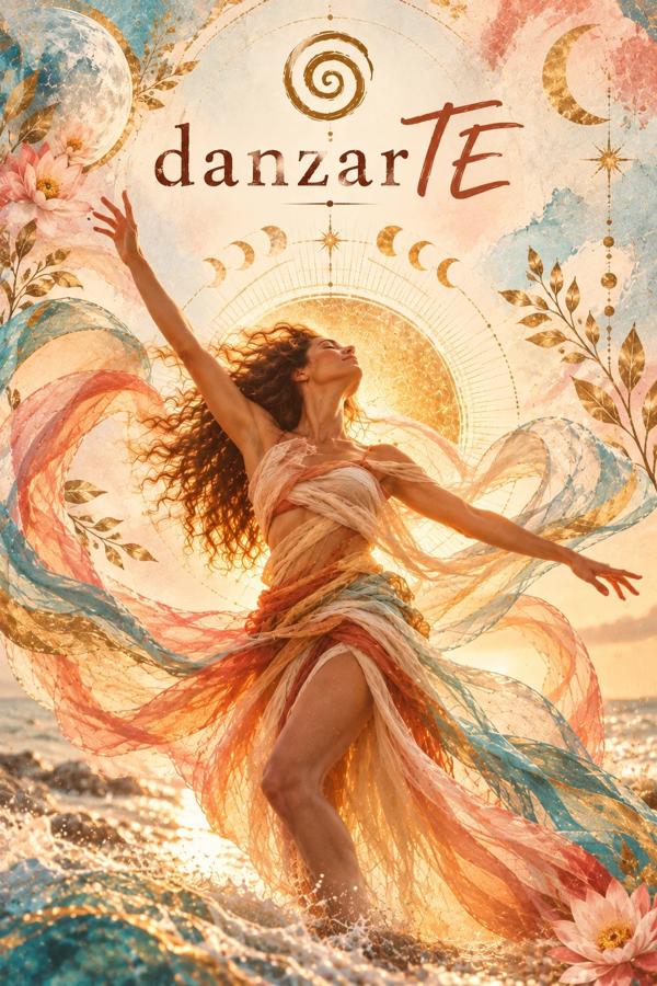 Flyer de danzarTE: ilustración de una mujer bailando a orillas del mar, envuelta en telas de colores, con lunas y un sol dorado de fondo