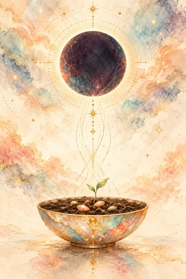 Ilustración de una luna nueva sobre un cuenco del que brota una planta