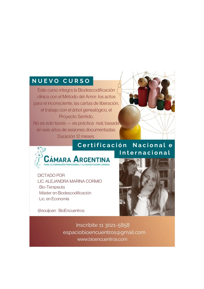 Flyer del nuevo curso: Formación Profesional en Biodescodificación, dictado por la Lic. Alejandra Marina Cormio, con certificación de la Cámara Argentina para la Formación Profesional