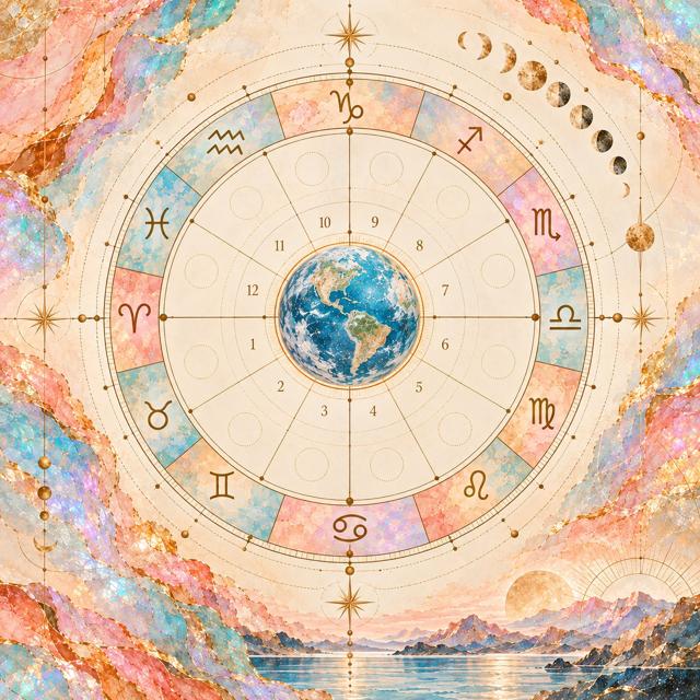 Ilustración de una carta natal: la Tierra en el centro de la rueda de los doce signos