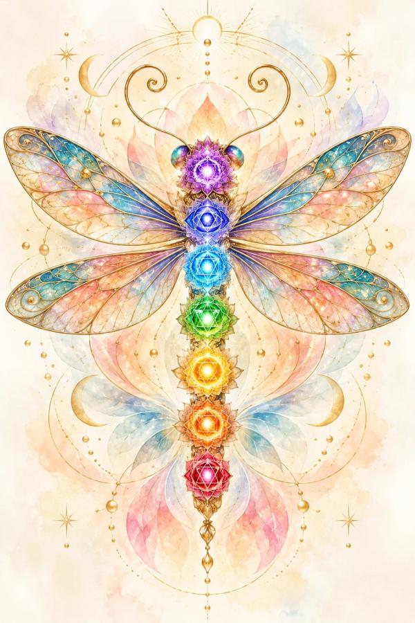 Ilustración en acuarela de una libélula con los siete chakras alineados a lo largo del cuerpo