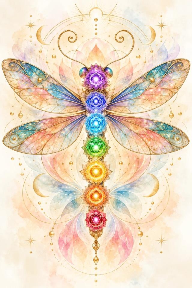 Ilustración en acuarela de una libélula con los siete chakras alineados a lo largo del cuerpo