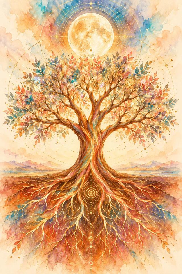Ilustración en acuarela de un árbol con raíces profundas bajo una luna llena