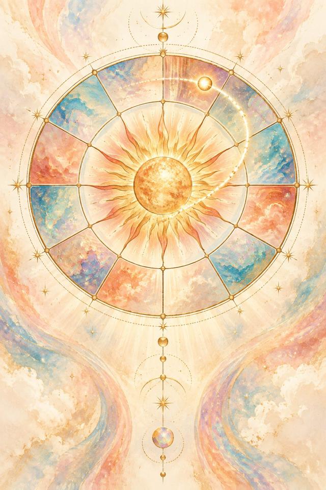 Ilustración de un sol dorado en el centro de una rueda zodiacal