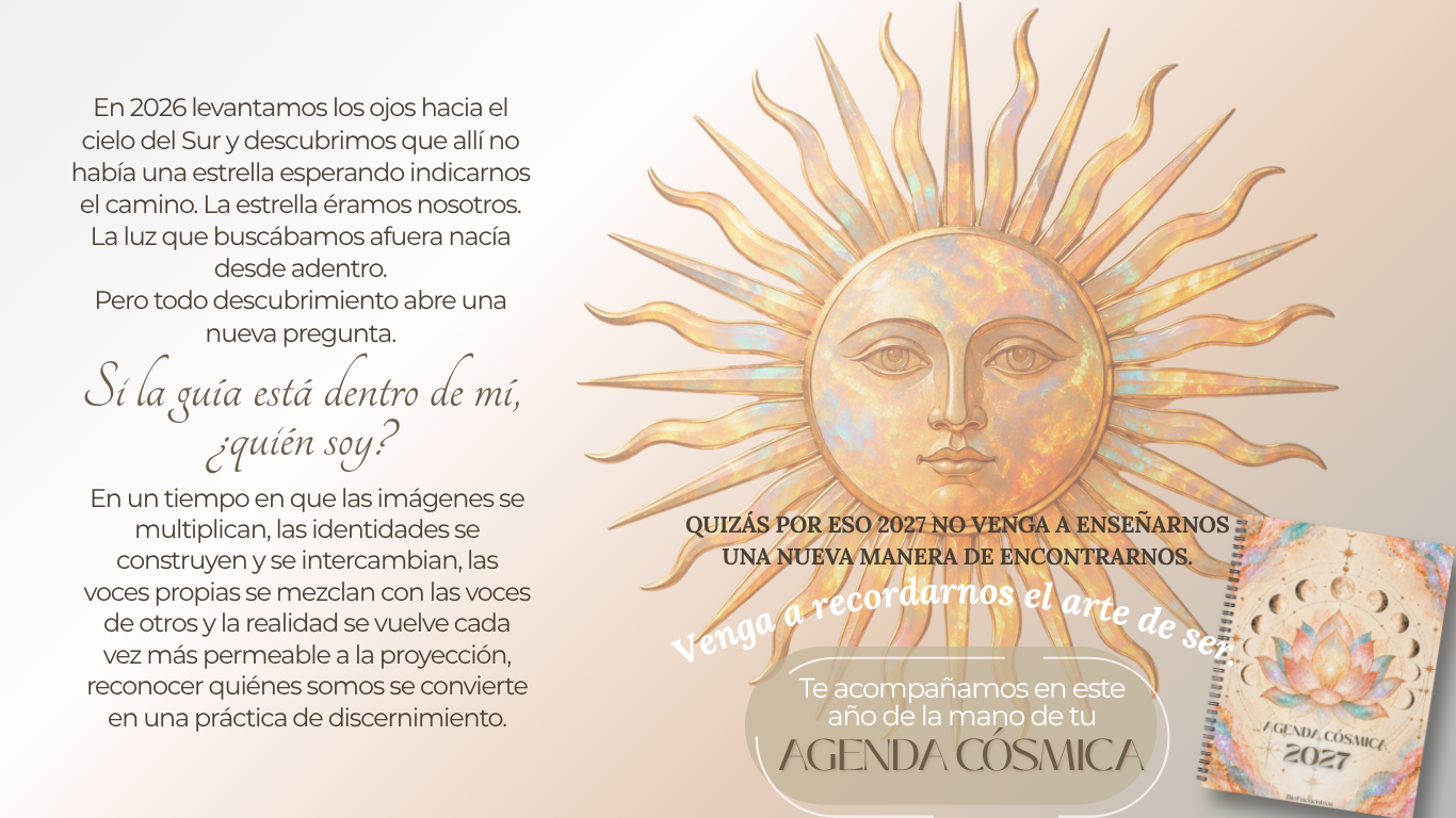 Diseño original de Canva con el sol dorado, la pregunta «Si la guía está dentro de mí, ¿quién soy?» y la invitación a recordar el arte de ser.